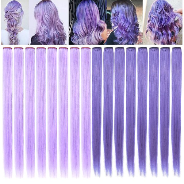 IAMERUI Multi-colors Party Highlights Straight Hair Colorful Clip in Synthetic Hair Extensions in Multiple Colors Heat Resistant Long Hairpiece 14 PCS (Lavender Light Purple)