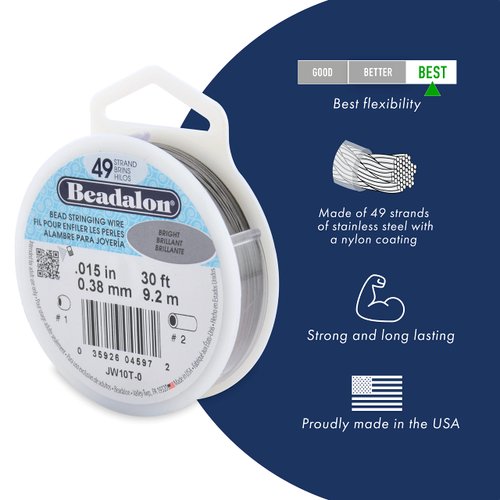 Beadalon 49 Strand Stainless Steel Bead Stringing Wire, 018 in / 0.46 mm, Bright, 100 ft / 31 m