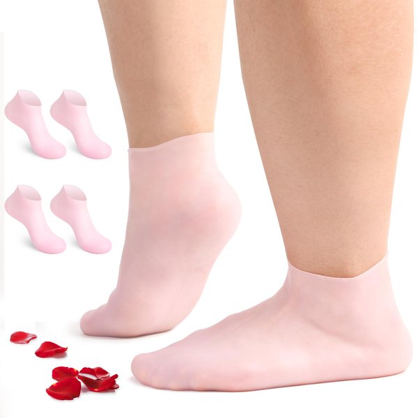 Vigdit Silicone Socks for Dry Cracked Feet 2 Pairs,XL Moisturizing Socks Non-Slip Moisturizing Heel Socks for Dry Cracked Feet Women Ultra-high Stretch Foot Care Pedicure Socks for Men(Pink,XL)
