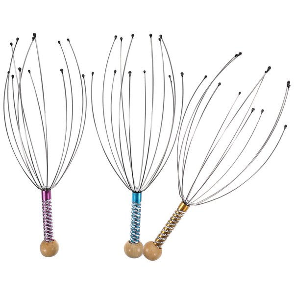 rosenice Scalp Massager Hand Held Therapeutic Head Scratcher Steel Wire Head Massager with Wooden Handle for Home Spa Relief and Relaxation (3 Packs)