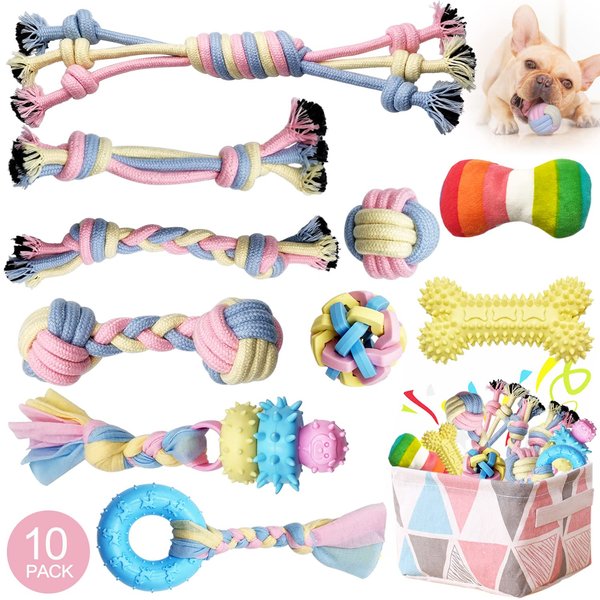 BENSEAO Puppy Teething Chew Toys Puppy Chew Toys for Teething Dog Rope Toy for Small Dog Interactive Puppy Toys Dog Balls Puppy Teething Toys Ring Dog Toys Storage Basket (A)