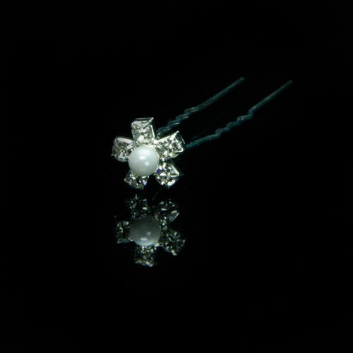 Silver Rhinestone Daisy Flower Pearl (Imitation) Center Bridal Hair Pin Set Of 6