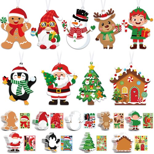 Pasimy 36 Pcs Christmas Craft Kits for Kids Make Your Own Xmas Ornament Kit with Craft Stickers DIY Gingerbread House Reindeer Santa Snowman Elf Art Craft Projects for Holiday Home Classr Party Favor