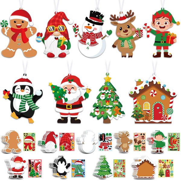 Pasimy 36 Pcs Christmas Craft Kits for Kids Make Your Own Xmas Ornament Kit with Craft Stickers DIY Gingerbread House Reindeer Santa Snowman Elf Art Craft Projects for Holiday Home Classr Party Favor