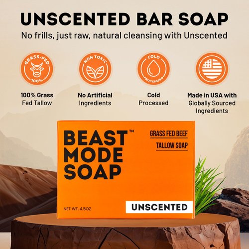 Beast Mode Soap for Men, Unscented, 2-Bar Pack – Minimal-Ingredient Grass-Fed Tallow + Water Bar Soap, Sensitive-Skin Safe, Handcrafted in USA