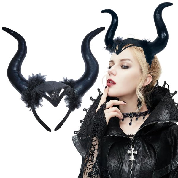 BASEMMAHER Devil Horns Headband Halloween Black Cosplay Horn Hair Hoop Gothic Headwear Horns Headpiece Demon Horn Hair band Dress Up Hair Accessories for Women Girls Halloween Party Costume Accessory