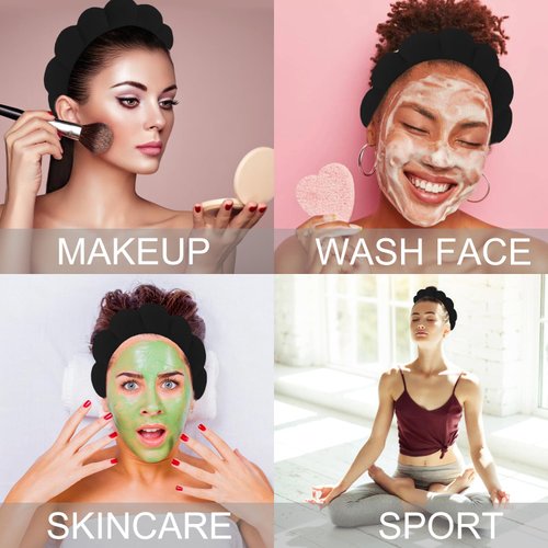 SuPoo 4pcs Face Wash Headband and Wristband Set Black Sponge Makeup Headband Puffy Skincare Headband Terry Cloth Spa Headband Cute Wrist Towels Hair Band for Washing Face Accessory with Claw Clips