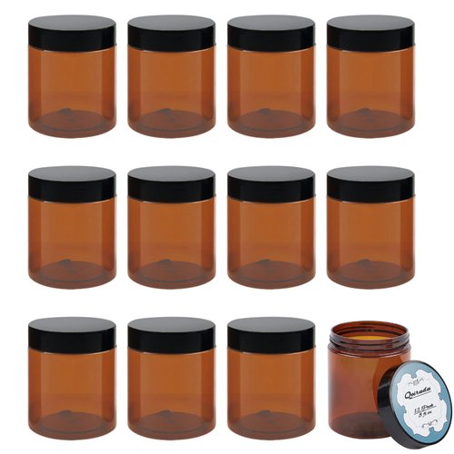 Qeirudu 8 oz Amber Plastic Jars with Lids and Labels, 12 Pack Empty Brown Cosmetic Containers for Body Butter, Creams, Lotion and Essential oil