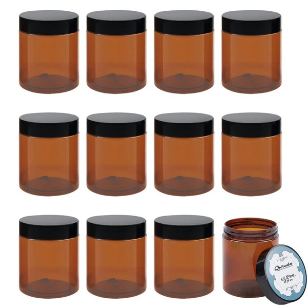 Qeirudu 8 oz Amber Plastic Jars with Lids and Labels, 12 Pack Empty Brown Cosmetic Containers for Body Butter, Creams, Lotion and Essential oil