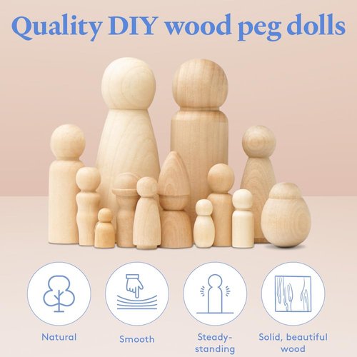 Wood Peg Dolls, 1-3/8 Inch Bunting Baby Shape Wooden Peg People, Pack of 25 Wooden Dolls for Play, Strong Birch Wooden People Figures, Peg Dolls Unfinished, Wooden Pegs for Crafts