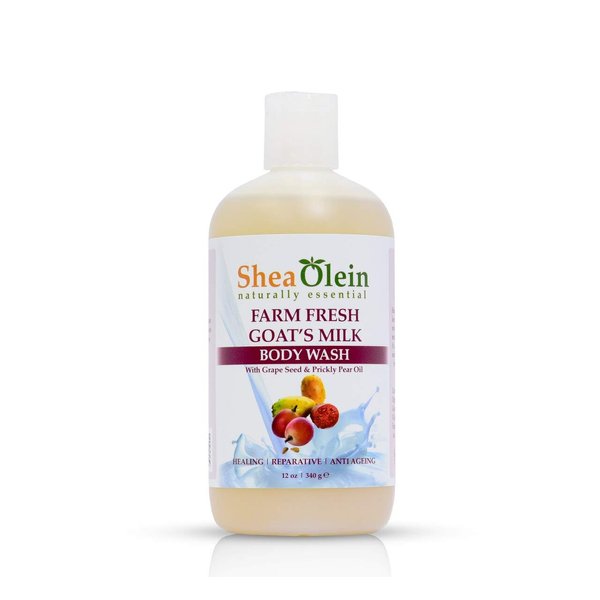 Shea Olein Organic Bath Body Wash Shower Gels (Farm Fresh Goat's Milk Body Wash W/ Grape Seed & Prickly Pear Oil, 12oz)