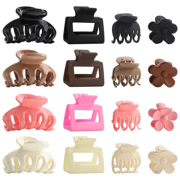 Drnytunk 16PCS Medium Hair Clips Claw Clips for Women, Matte Rectangle Double Row Teeth Flower Hair Clips Non Slip Hair Clips for Thick Thin Hair Hair Styling Accessories(Black Brown Pink Beige)