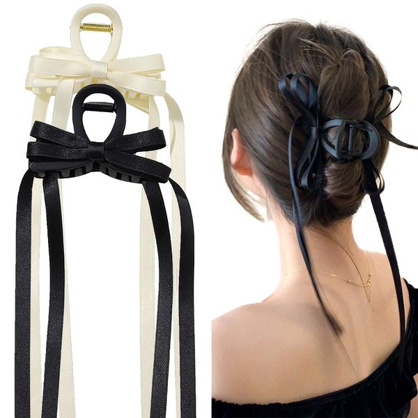 2PCS Bow Claw Clip with Long Tail, Tassel Ribbon Bow Hair Claw Clips Nonslip Claws Clamps Hair Clips for Women Girls