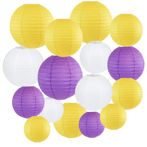 Peywot 16Pcs Bulk Yellow Purple White Round Paper Lanterns (6" 8" 10" 12") for Home Decor, Wedding, Birthday Party Decorations, Hanging Chinese Japanese Paper Lantern Lamps (Assorted Sizes)