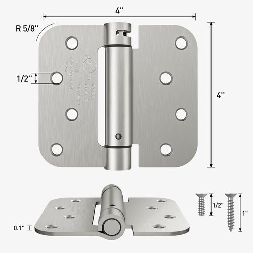 HOSOM Self Closing Door Hinges, Spring Loaded Hinges 4 Inch, Adjustable Tension for Garage, Front Door, Back Door, UL Listed, for Left and Right Hand Door, 5/8'' Radius Corners, Brushed Nickel, 2 Pack