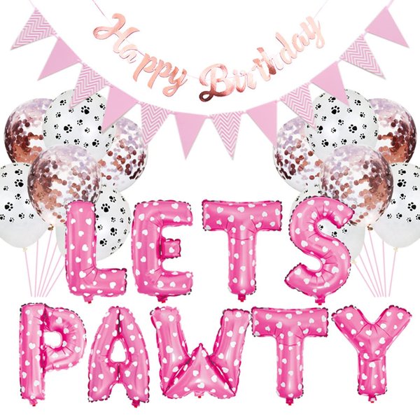Esweny Dog Cat Birthday Party Supplies,Dog Paw Print Balloons Sequined Balloon,Lets Pawty Balloons, Happy Birthday Banner Foil Balloons Pet Party Decoration