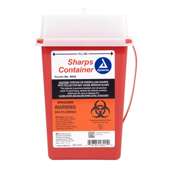 Dynarex Sharps Container, Durable Biohazard Container for Used Medical Hypodermic Needles and Sharp Medical Instruments, Transparent Lid, 1 Quart - 1 Container