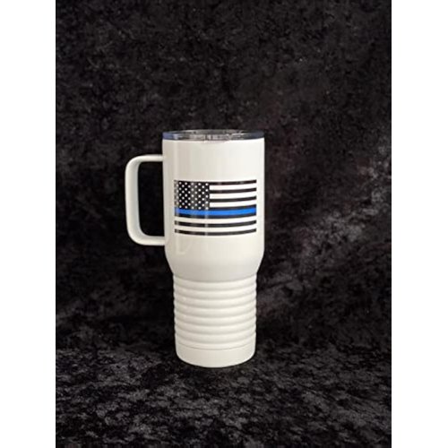 Maverick Advantage Thin Blue Line Flag Police Officer 20 Oz. Travel Tumbler Mug w/Handle & Sliding Lock Lid Vacuum Insulated Law Enforcement PD Gift Back The Blue