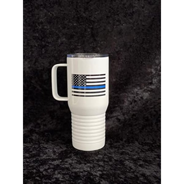 Maverick Advantage Thin Blue Line Flag Police Officer 20 Oz. Travel Tumbler Mug w/Handle & Sliding Lock Lid Vacuum Insulated Law Enforcement PD Gift Back The Blue