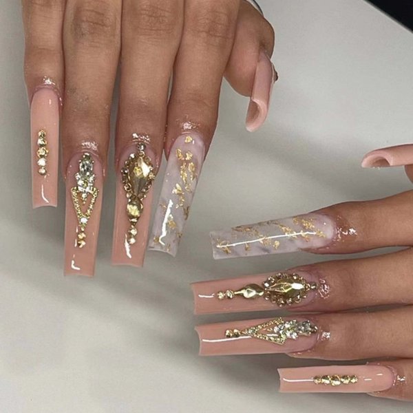Hkanlre Marble Press on Nails French Long Brown Fake Coffin Nails Ballerina Tips Full Cover Luxury False Rhinestones Nails for Women and Girls 24PCS