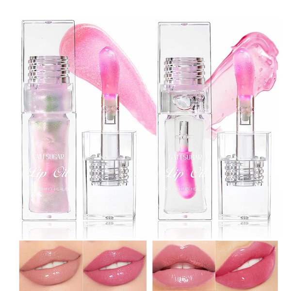 Yishifa 2Pcs Magic Color Changing Lip Oil,Plumping Moisturizing Lip Glow Oil,Non-Sticky Tinted Lip Oil Warm Change Hydrating Lip Gloss Lip Care (Magic Color Changing & Pearlescent Color Changing)