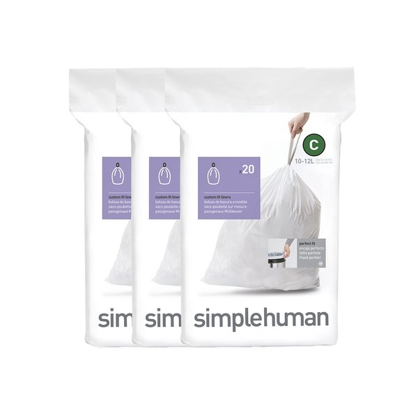simplehuman Code C Custom Fit Drawstring Trash Bags in Dispenser Packs, 10-12 Liter / 2.6-3.2 Gallon, White 20 Count(Pack of 3)