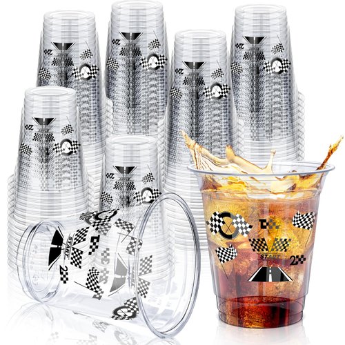Uiifan 50 Pcs Checkered Cups Checkered Flag Party Supplies Bulk 12 oz Racing Car Party Favor Cups Plastic Black and White Checkered Cups for Checkered Race Car Themed Birthday Party Favors Stadium