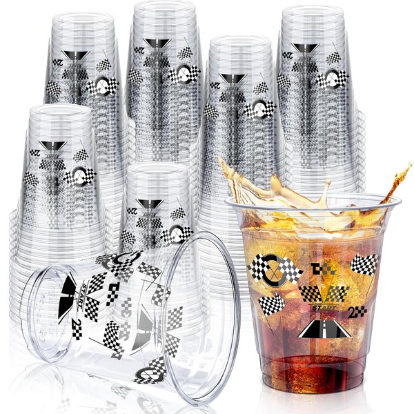 Uiifan 50 Pcs Checkered Cups Checkered Flag Party Supplies Bulk 12 oz Racing Car Party Favor Cups Plastic Black and White Checkered Cups for Checkered Race Car Themed Birthday Party Favors Stadium