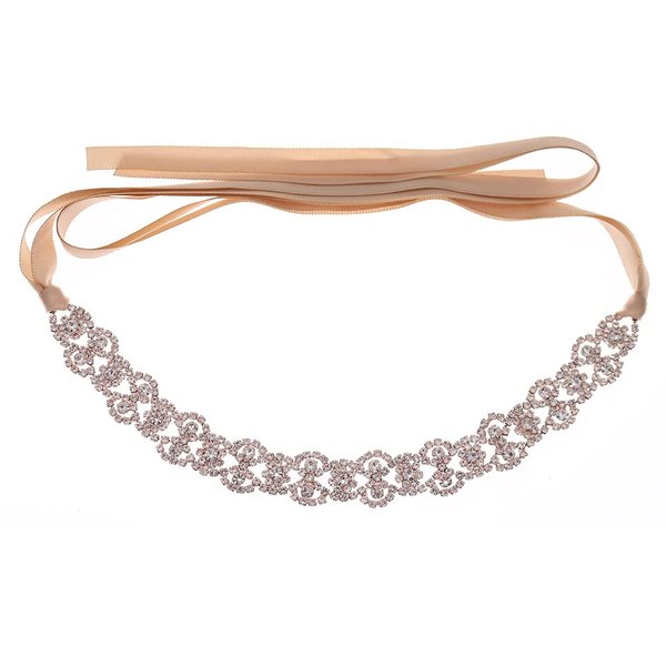 Rose Gold Bridal Headpiece Crystal Wedding Headband Hair Jewelry For Bride and Bridesmaid Hair Vine with Champagne Ribbon