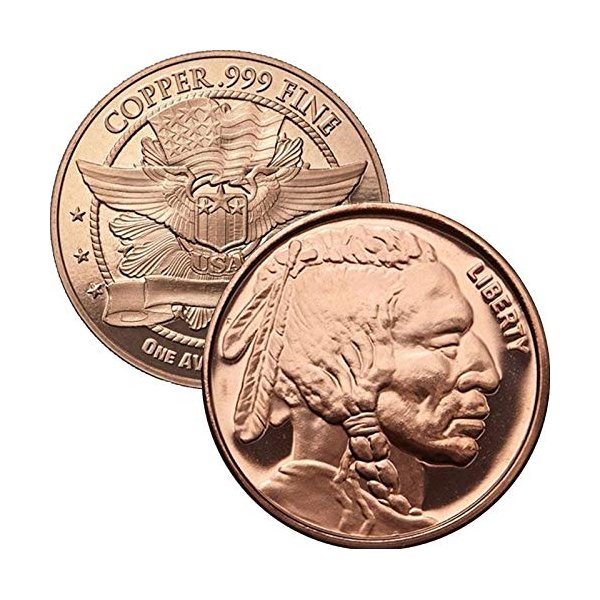 1 oz .999 Pure Copper Round/Challenge Coin (Buffalo Nickel Indian Head Design)