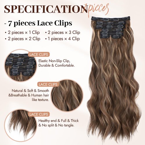 ZGYAIR Clip in Hair Extensions,Long Wavy 7PCS 20 Inch Brown with Highlights Synthetic Hair Extensions Soft and Natural Hairpieces for Women