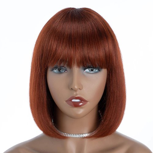 DÉBUT Reddish Brown Short Bob Wigs with Bangs Straight Human Hair Glueless Non Lace Front Wigs Brazilian Virgin Remy Hair 10 Inches