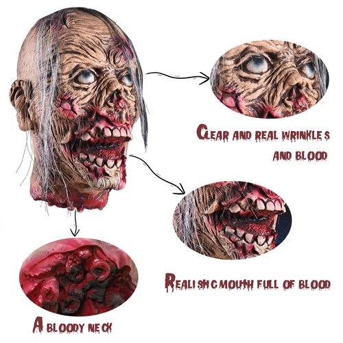 Yarstar Halloween Zombie Head Pendant Simulated Dead Head Bloody Dead Body Parts Horrible Hanging Severed Head Decorations Scary Halloween Props Decorations Haunted House Props Decorations