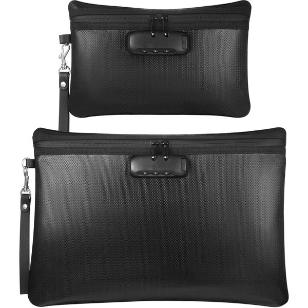 Nezyo Fireproof Safe Money Document Bag with Lock 2 Pcs Notary Journal Bag Waterproof Bag with Zipper for A4 Storage Pouch File Passport Tablet, 14 x 10 Inch and 6.7 x 10 Inch(Black, Horizontal)