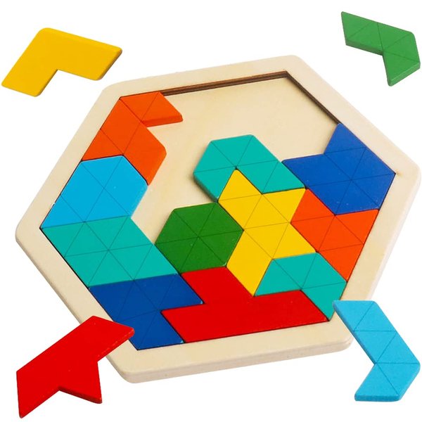 Skrtuan Wooden Hexagon Puzzle for Kid Adults Brain Teaser Blocks Puzzles Games Toy Shape Pattern Block Tangram Geometry Logic IQ STEM Montessori Educational Gift for All Ages Children Boys Girls