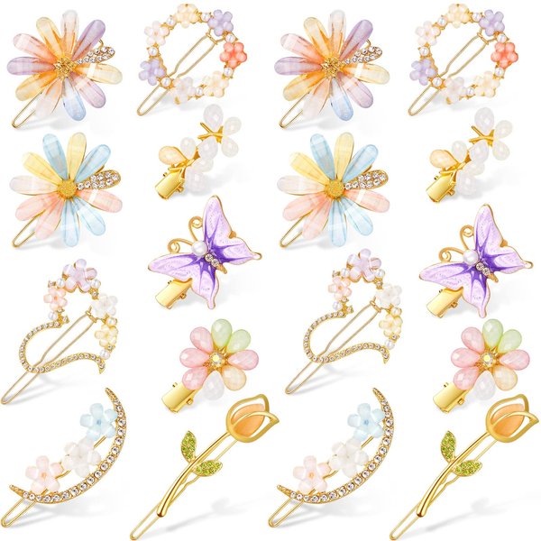 18 Pcs Rhinestone Butterfly Hair Clips Decorative Bobby Pins Crystal Flower Pins Handmade Metal Hair Barrettes for Women Gold Prom Hair Accessories Glitter Styling Pins for Girls Wedding Jewelry