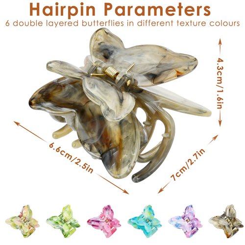 ZGONOUY 6Pcs Butterfly Hair Clips for Women Claw Clips - Double Layer Textured Butterfly Claw Clips, 2.5in Butterfly Clips, Cute Hair Clips Girls Hair Clips Butterfly Hair Accessories (Candy Colour)