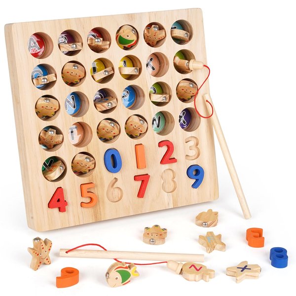 Agirlgle Wooden Magnetic Fishing Game Toy Alphabet Fish Catching Counting Games ABC Learning Educational Toy Color Matching Puzzle Fine Motor Montessori Toy for Preschool Toddlers