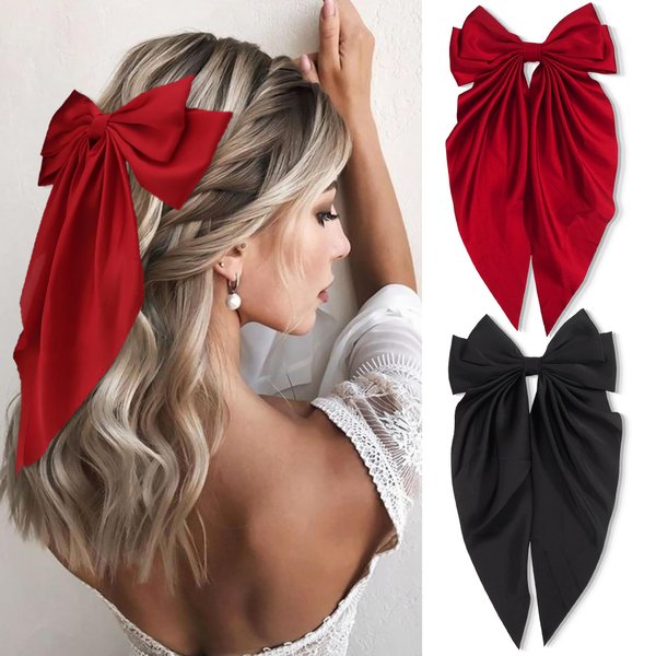 FULZTEY Big Hair Bows for Women Girls Black Satin Layered Bow Hair Clips with Long Tail Red Hair Ribbon Bowknot Barrette Alligator Hairclips French Style Hair Accessories for Teen Kids 2pcs