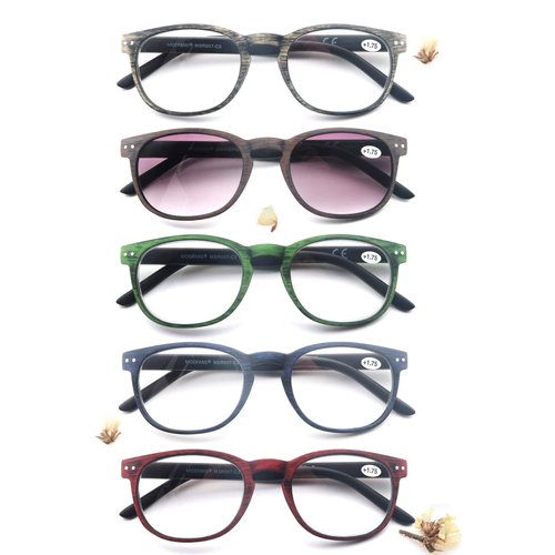 MODFANS Reading Glasses Women/Men Wood Look Round Frame Includes Sun Readers glasses for outdoors 5-Pack Comfort Flexible?Spring Hinge Lightweight with soft case 3.0