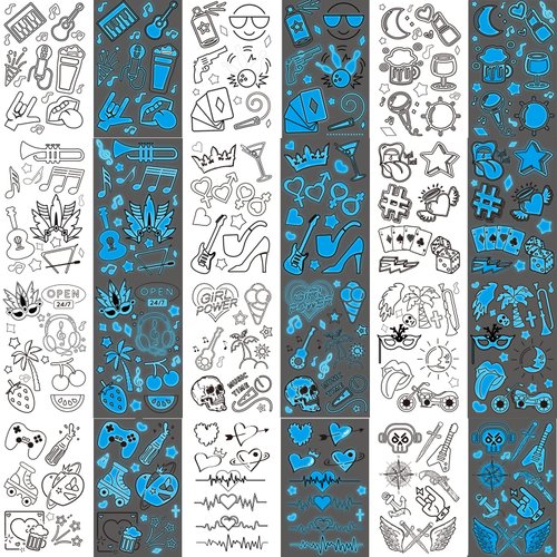 Glaryyears Glow in the Dark Tattoos Makeup for Adults, 80+ Blue Color 12 Pack Fake Body Tattoo Stickers, Charming Accessory for Women Men in Party Favors Supplies Pub Nightclub Music Festival