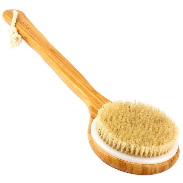 AnHua Natural Bristle Middle Long Handle Wooden Shower Body Bath Brush Round Head