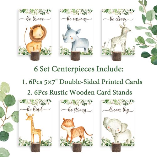 6Pcs Safari Jungle Baby Shower Centerpieces and Wooden Stands, Safari Themed Party Supplies, Jungle Animal Birthday Party for Table Decorations, Wild One Birthday Party Decorations for Boys Girls