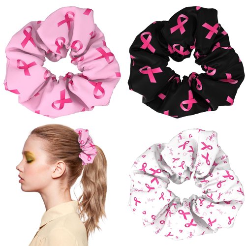 Pink Ribbon Silk Hair Scrunchies Breast Cancer Awareness Satin Hair Scrunchies 3Pcs Black White Pink Hair Ties Woman Girl Hair Accessories for Thick, Thin, Curly Hair Ponytail Holder