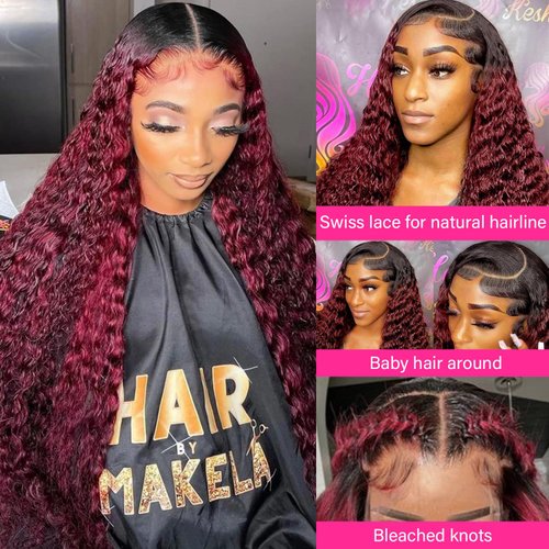Juvid 99j Burgundy Curly Lace Front Wigs Human Hair 13x6 OmbreBlack and Burgundy Lace Frontal Wig Pre Plucked Glueless 180% Density Dark Root 1B Burgundy Curly HD Lace Wig for Women 26 Inch