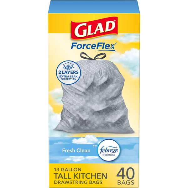 Glad ForceFlex Tall Kitchen Drawstring Trash Bags, Fresh Clean, 13 Gal, 40 Ct (Package May Vary)