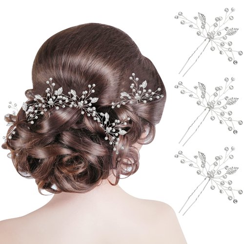 8 Pieces Bride Wedding Pearls Hair Pins Bridal Leaf Flower Hair Pins Rhinestone Bridesmaid Hair Pieces Wedding Hair Accessories for Women and Girls (Silver)