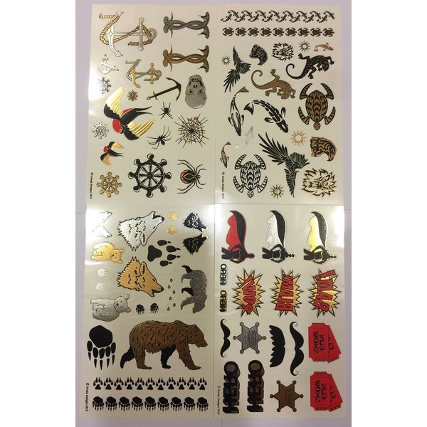 Temporary Tattoos for Boys and Girls | 77 Tattoos on 4 Sheets | Fun Metallic Tattoos for Kids | Black, Silver, Red & Gold Tattoo Bears Wolves Turtles Lizards Spiders Birds and More | Twink Designs