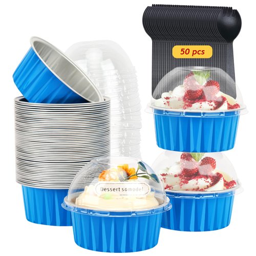 5oz Muffin Tins with Lids 50 Pack,Free-Air Aluminum Foil Cupcake Liners Baking Pans,Jumbo Muffin Liners Cupcake Pans,Disposable Ramekins Muffin Cups Containers-Blue
