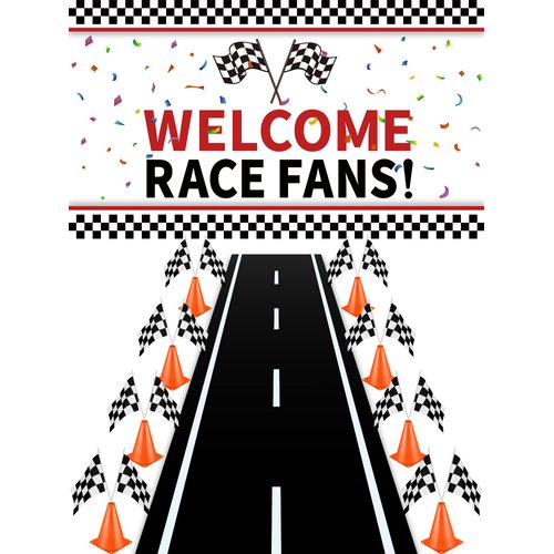 Remagr 26Pcs Race Car Party Decoration Include 1 Welcome Fans Backdrop 8 Mini Traffic Safety Cones 16 Racing Checkered Flags Long Racetrack Floor Running Mat for Theme Birthday Supplies
